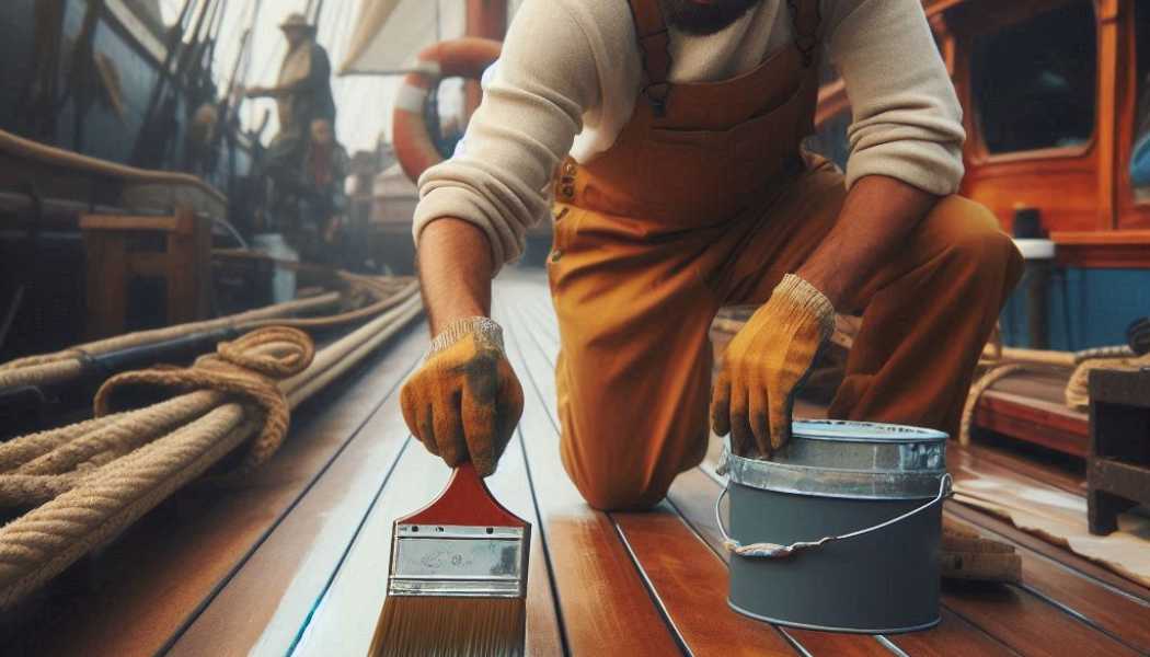 Trabajador usando barniz para barcos